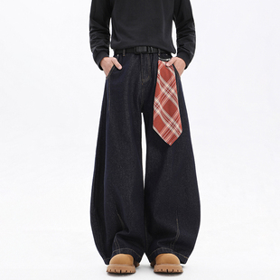 男女 丹宁痞帅baggy阔腿裤 BOYUE帛跃美式 弯刀廓形可拆卸方巾牛仔裤