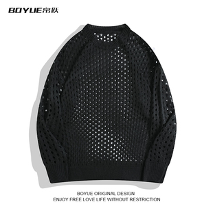 BOYUE帛跃春秋港风镂空针织衫垂感纯色休闲情侣罩衫时尚毛衣男女