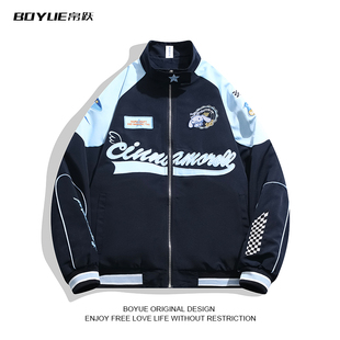 BOYUE帛跃日系拼色刺绣机车外套设计感情侣嘻哈学院风男女夹克潮