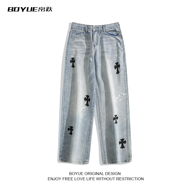 BOYUE帛跃十字架印花牛仔裤