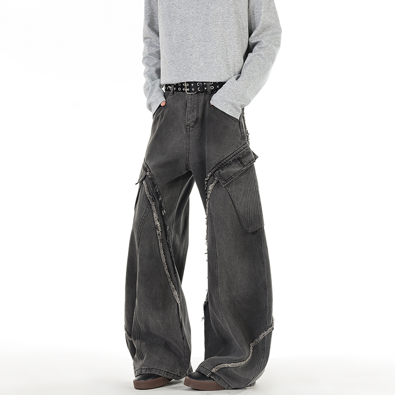 BOYUE帛跃做旧碎边弯刀牛仔裤小