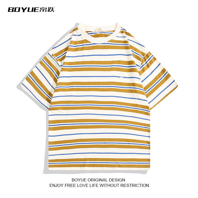 BOYUE帛跃撞色条纹短袖夏季日系时尚学生百搭纯棉男女运动T恤衫潮