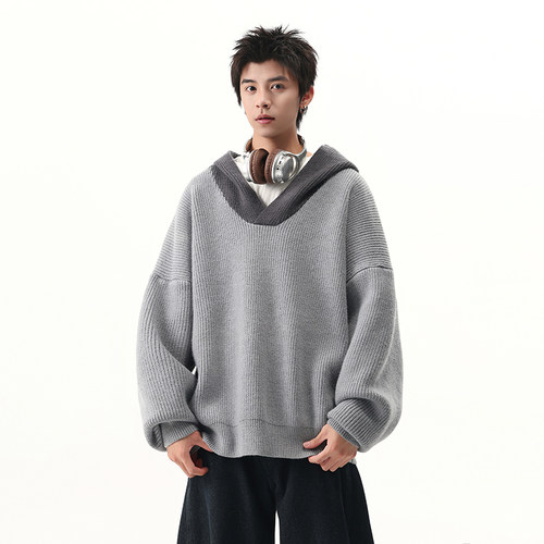 BOYUE帛跃慵懒风连帽V领针织衫
