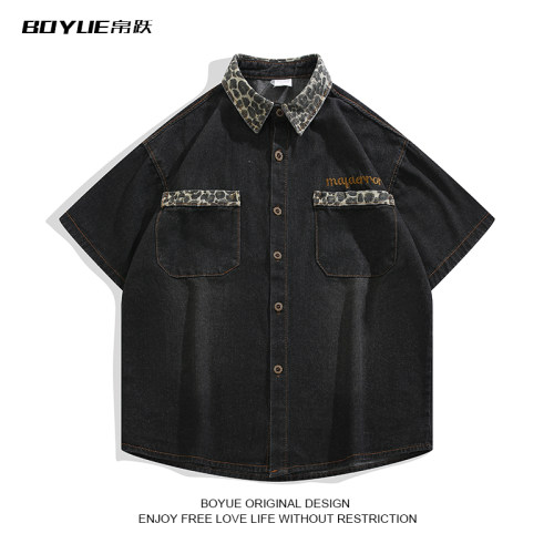 BOYUE帛跃豹纹拼接牛仔短袖衬衫
