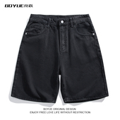 男 帅气直筒五分裤 BOYUE帛跃嘻哈街头白色牛仔短裤 百搭青少年工装
