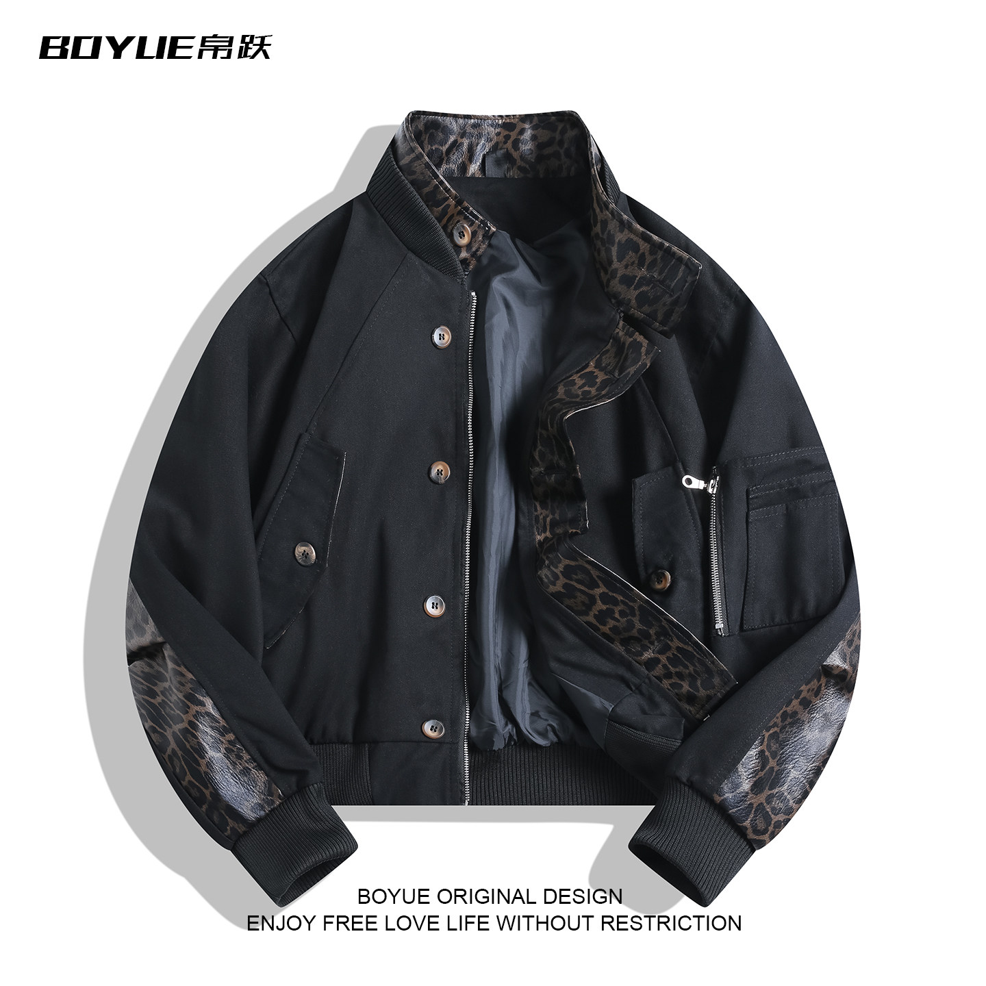 BOYUE帛跃美式复古立领夹克男女纯棉短款痞帅豹纹拼接假两件外套,男装,夹克,淘宝优惠券,粉丝福利购,淘宝优惠卷