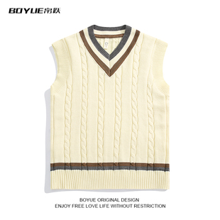 BOYUE帛跃英伦复古学院风拼色V领无袖坎肩马甲休闲叠穿毛衣背心男