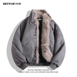 BOYUE帛跃座山雕毛领潮牌麂皮棉衣痞帅加绒加厚街头个性 男女外套