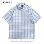 男女休闲复古潮流港风百搭情侣装 BOYUE帛跃日系短袖 格子衬衫 上衣