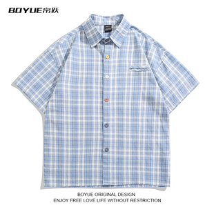 BOYUE帛跃日系短袖格子衬衫男女休闲复古潮流港风百搭情侣装上衣