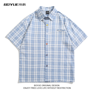 BOYUE帛跃日系短袖格子衬衫男女