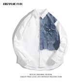 男港风宽松设计感小众ins潮流衬衣个性 BOYUE帛跃春季 牛仔拼接衬衫