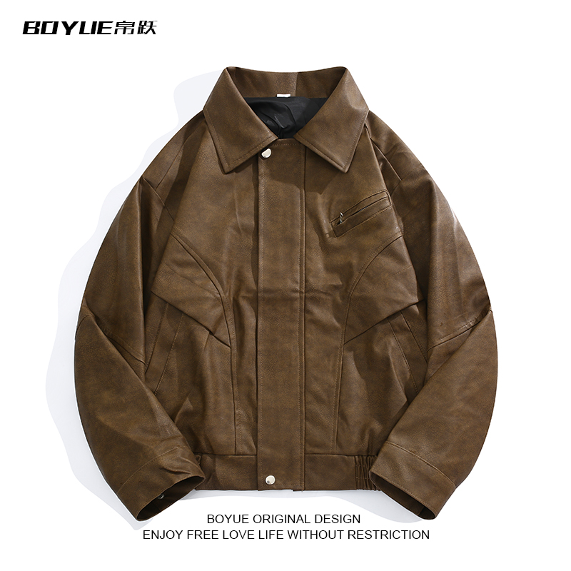 BOYUE帛跃做旧棕色皮衣夹克外套