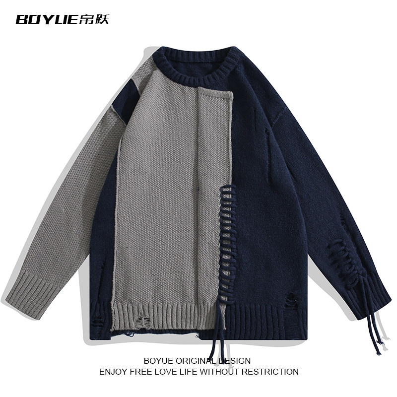 BOYUE帛跃美式小众不规则拼接毛衣撞色手工编织个性针织衫男女潮,男装,针织衫/毛衣,淘宝优惠券,粉丝福利购,淘宝优惠卷