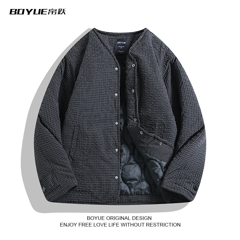 BOYUE帛跃日系复古无领工装棉衣保暖休闲叠穿格纹男女夹棉外套潮,男装,棉衣,淘宝优惠券,粉丝福利购,淘宝优惠卷