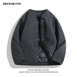 BOYUE帛跃日系复古无领工装 棉衣保暖休闲叠穿格纹男女夹棉外套潮
