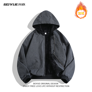 BOYUE帛跃国潮加绒底特律工装连帽夹克街头硬挺痞帅休闲男女外套