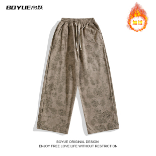 潮 直筒百搭阔腿休闲裤 BOYUE帛跃印花灯芯绒裤 抽绳日系复古男秋季