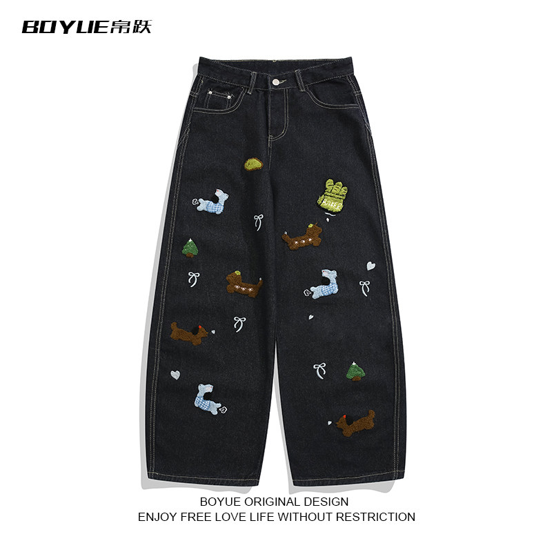BOYUE帛跃美式潮牌趣味小狗刺绣弯刀牛仔裤男女休闲百搭情侣长裤,男装,牛仔裤,淘宝优惠券,粉丝福利购,淘宝优惠卷