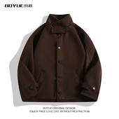 BOYUE帛跃日系复古加厚立领外套高级感纯色痞帅学院风男毛呢大衣