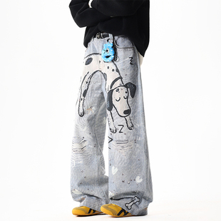 BOYUE帛跃小众手绘斑点狗牛仔裤街头趣味嘻哈涂鸦拖地阔腿裤男女