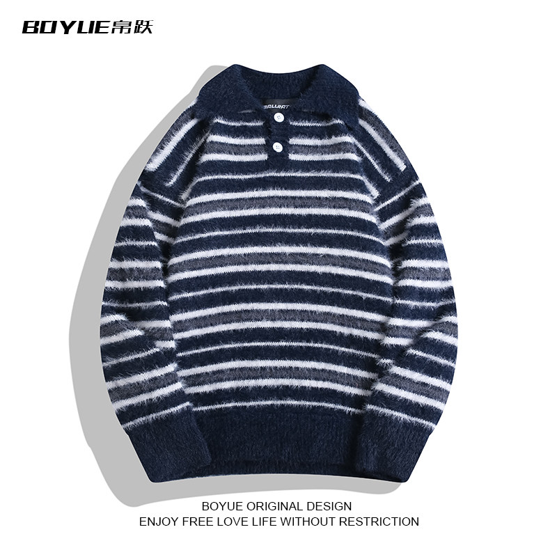 BOYUE帛跃老钱风复古条纹水貂绒针织衫打底衫百搭Polo领毛衣男女,男装,针织衫/毛衣,淘宝优惠券,粉丝福利购,淘宝优惠卷