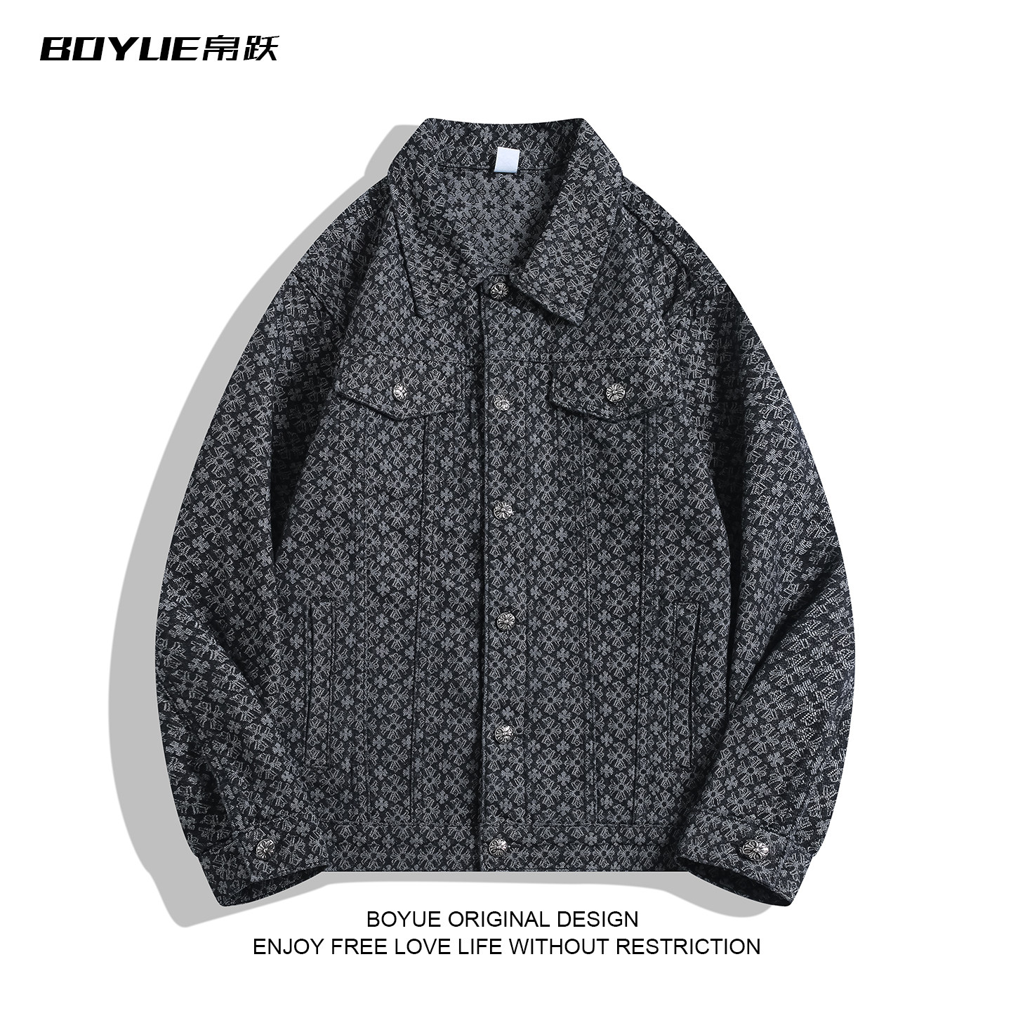 BOYUE帛跃美式提花满印牛仔工装外套小众设计感潮男休闲复古夹克,男装,夹克,淘宝优惠券,粉丝福利购,淘宝优惠卷