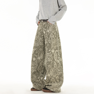 BOYUE帛跃国潮复古腰果花弯刀牛仔裤做旧街头辣妹bf嘻哈阔腿裤男