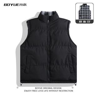 BOYUE帛跃日系双面穿格子棉服马甲立领时尚帅气坎肩无袖外套男女
