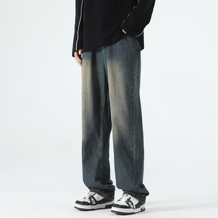 男 休闲痞帅学生百搭ins阔腿长裤 BOYUE帛跃美式 复古水洗做旧牛仔裤