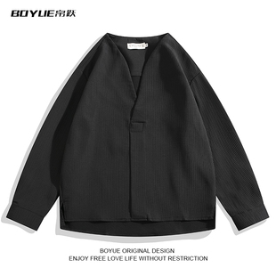 时尚 衬衫 潮流坑条纹下摆开叉衬衣 轻熟风纯色V领长袖 BOYUE帛跃中式