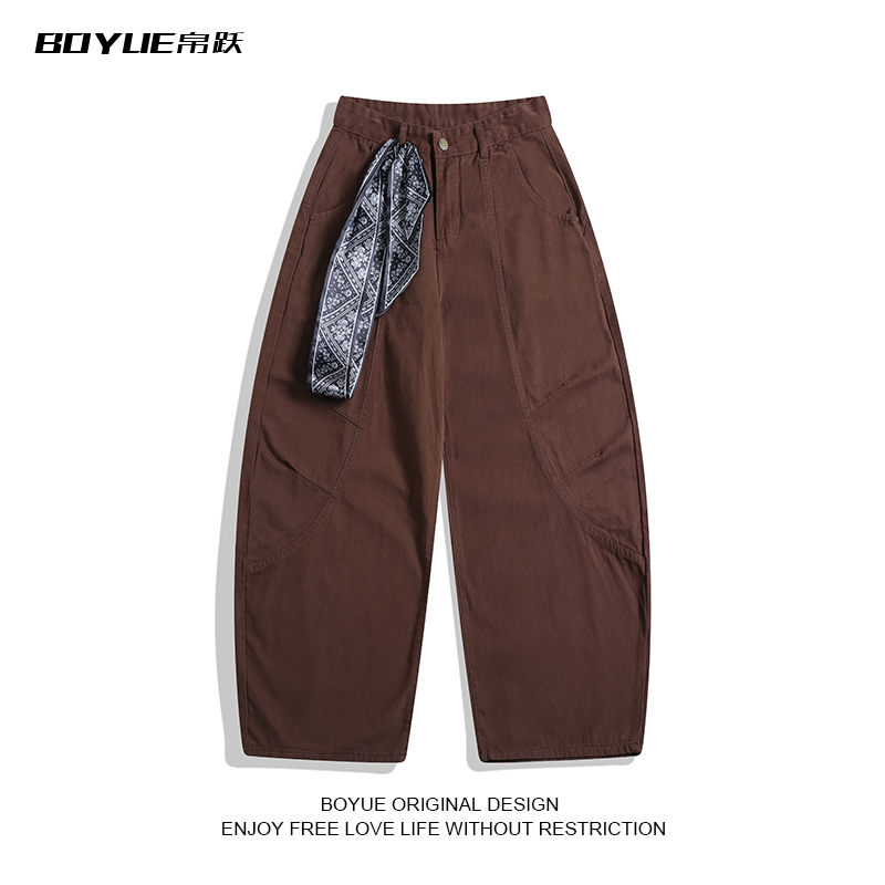 BOYUE帛跃美式高街风弯刀牛仔裤男女绑带宽松个性设计感阔腿长裤