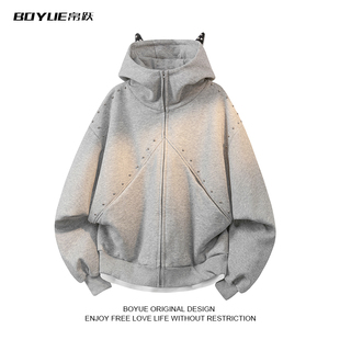 BOYUE帛跃美式铆钉耳朵痞帅连帽卫衣街头小众男女情侣拼接外套潮
