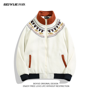 BOYUE帛跃国潮撞色立领民族风外套男女刺绣设计感工装棒球服夹克