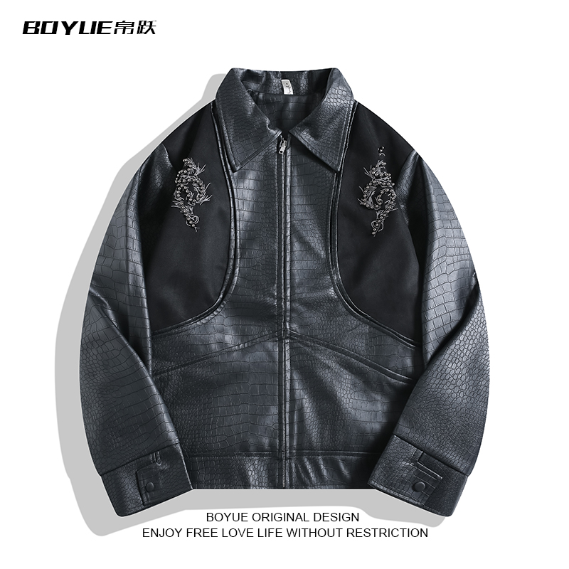 BOYUE帛跃蛇皮纹刺绣铆钉男皮衣