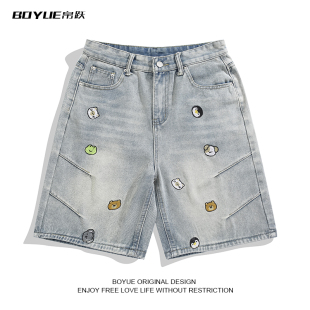 男女 情侣百搭街头直筒五分裤 BOYUE帛跃趣味卡通刺绣牛仔短裤 时尚