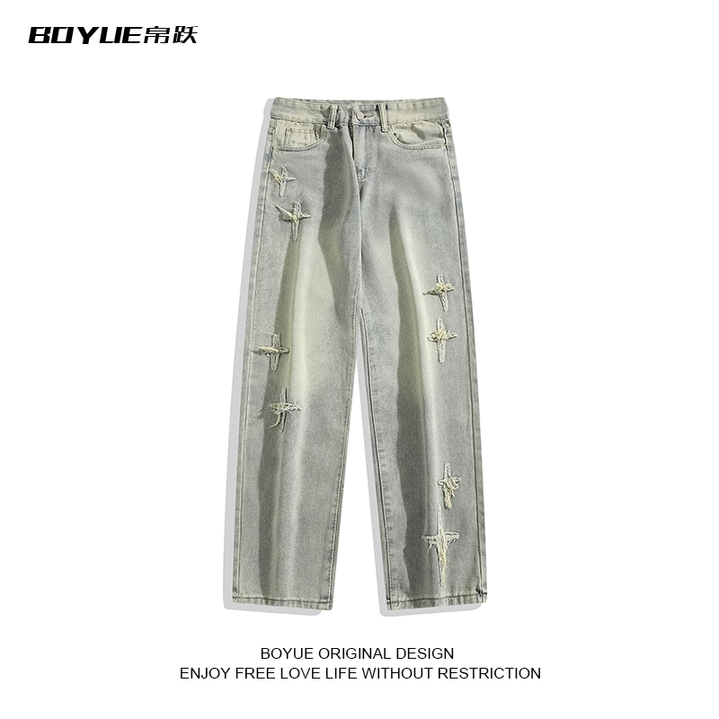 BOYUE帛跃破洞十字架牛仔裤嘻哈