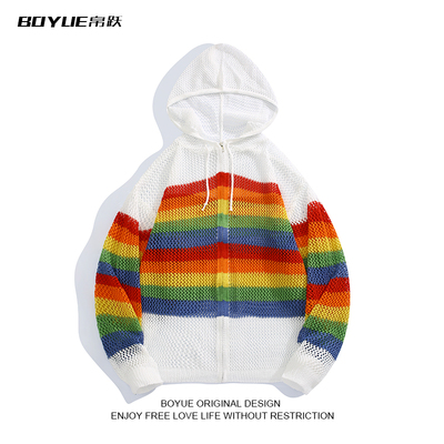 BOYUE帛跃彩虹条纹镂空针织开衫