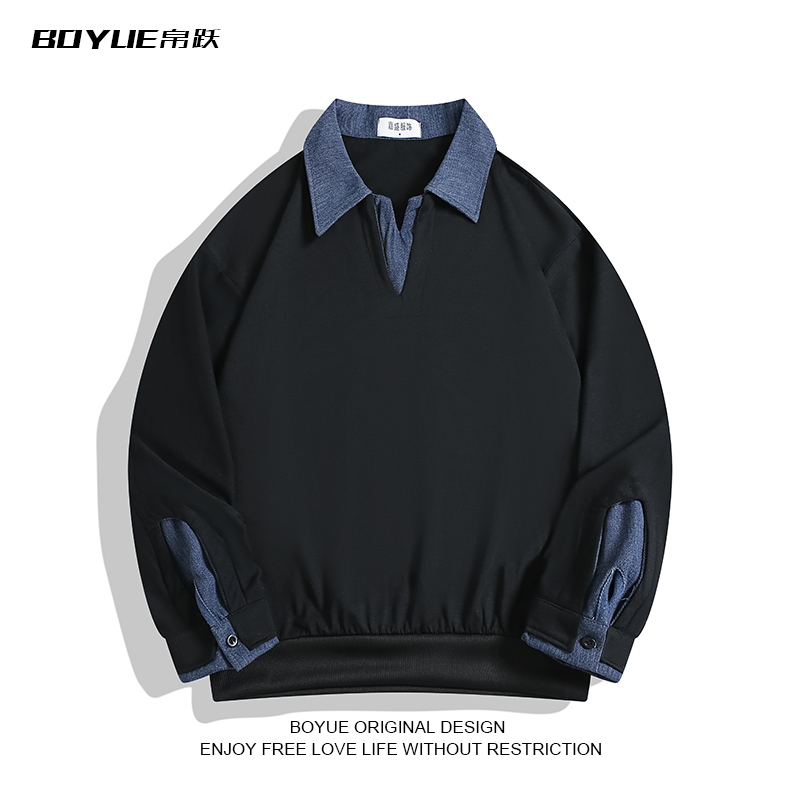 BOYUE帛跃拼接撞色假两件卫衣男女美式复古内搭POLO衫情侣外套潮