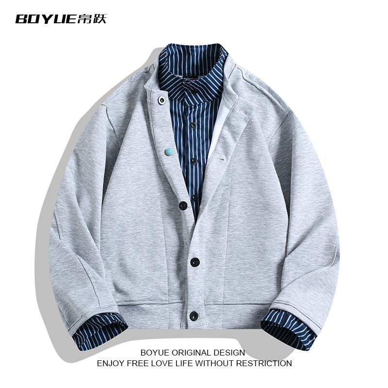BOYUE帛跃日系假两件条纹立领开衫男女拼接设计休闲情侣衬衫外套