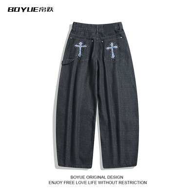 BOYUE帛跃十字架烫珠弯刀牛仔裤