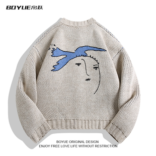 BOYUE帛跃手绘和平鸽人脸提花毛衣外套时尚纽扣个性男女针织开衫