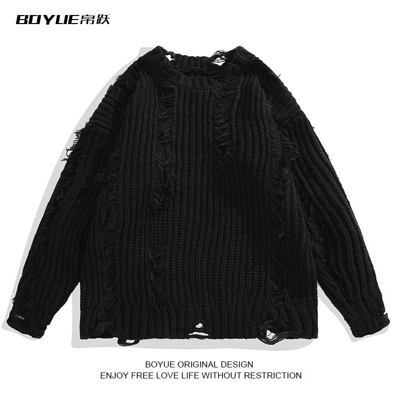 BOYUE帛跃破洞流苏纯色针织衫男