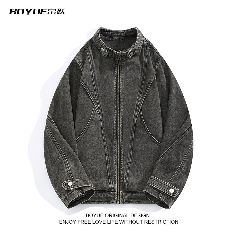BOYUE帛跃美式水洗复古牛仔夹克cleanfit简约拼接解构立领外套男,男装,夹克,淘宝优惠券,粉丝福利购,淘宝优惠卷