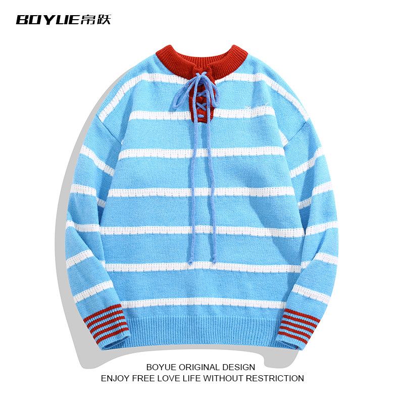 BOYUE帛跃复古撞色条纹绑带原宿风时尚软糯情侣百搭针织毛衣男女