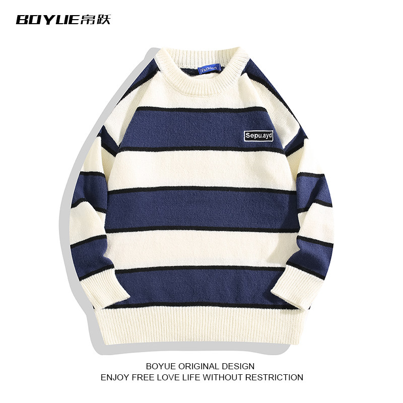 BOYUE帛跃中性风拼接条纹刺绣毛衣oversize简约复古情侣针织衫男,男装,针织衫/毛衣,淘宝优惠券,粉丝福利购,淘宝优惠卷