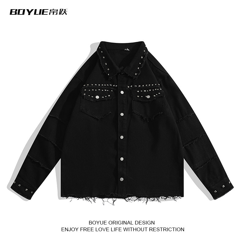 BOYUE帛跃辑明线毛边铆钉装饰牛仔外套ins个性痞帅街头嘻哈夹克男,男装,衬衫,淘宝优惠券,粉丝福利购,淘宝优惠卷
