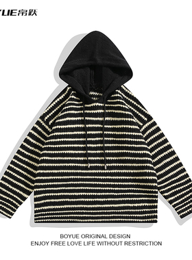 BOYUE帛跃条纹拼接纯色连帽卫衣男秋冬新款潮流时尚套头情侣毛衣