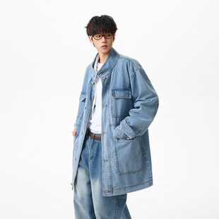 BOYUE帛跃美式中长款工装牛仔外套街头多口袋休闲立领风衣夹克潮