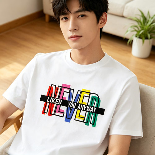 潮酷舒适彩色叠字NEVER标语短袖百搭圆领男女同款休闲打底t恤C77